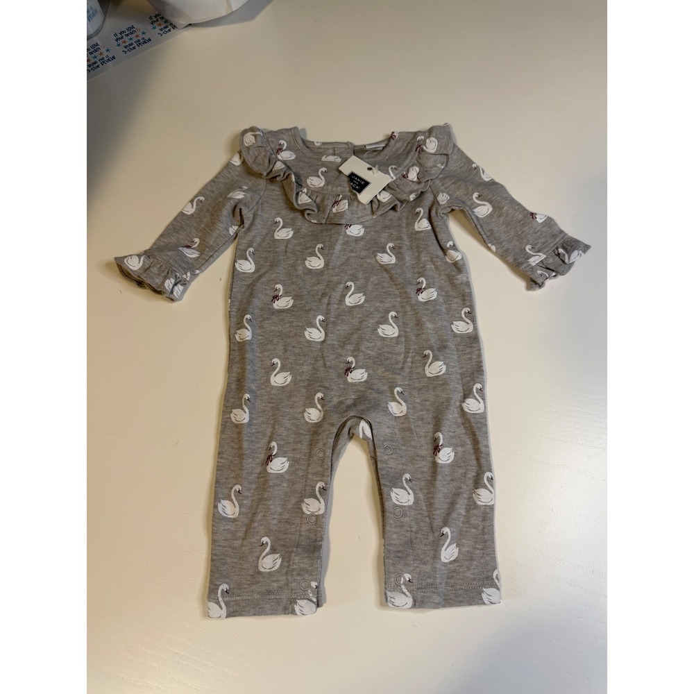 Janie and Jack Baby Girls Gray Swan Print Ruffle Romper 0-3 Months NWT